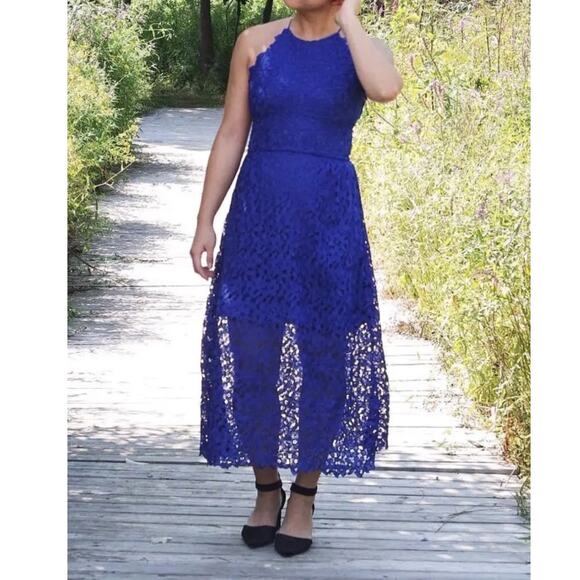SLATE & WILLOW Cobalt Blue Lace Sleeveless Partially Lined Midi Dress Size 4 - Picture 3 of 12